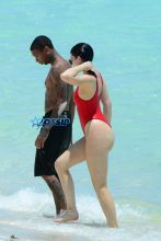 AKM-GSI FameFlynetPictures Kylie Jenner Beach Tyga Red Thong One Piece Swimsuit