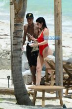 AKM-GSI FameFlynetPictures Kylie Jenner Beach Tyga Red Thong One Piece Swimsuit