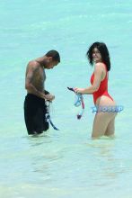 AKM-GSI FameFlynetPictures Kylie Jenner Beach Tyga Red Thong One Piece Swimsuit
