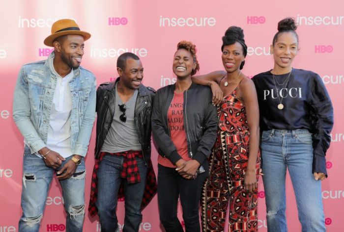 BROOKLYN, NY - SEPTEMBER 25: (L-R) Jay Ellis, Prentice Penny, Issa Rae, Yvonne Orji, and Melina Matsoukas attend HBO's 'Insecure' Block Party on September 25, 2016 in Brooklyn City. (Photo by Neilson Barnard/Getty Images for HBO)