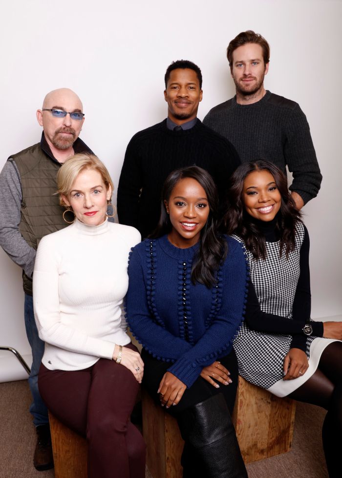 From top left, actors Jackie Earle Haley, actor, director and producer, Nate Parker, Armie Hammer, Penelope Ann Miller, Aja Naomi King, and Gabrielle Union pose for a portrait to promote the film, 