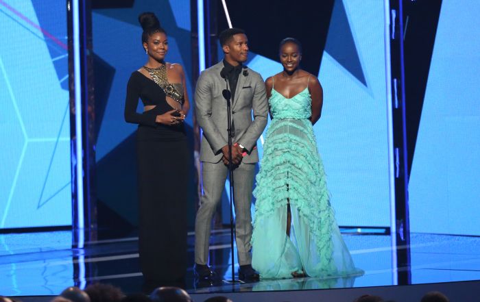 Gabrielle Union, from left, Nate Parker and Aja Naomi King present the award for Dr. Bobby Jones best gospel/inspirational award at the BET Awards at the Microsoft Theater on Sunday, June 26, 2016, in Los Angeles. (Photo by Matt Sayles/Invision/AP)