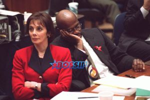 Prosecutors Marcia Clark and Christopher Darden listen to defense attorney Johnnie Cochran Jr. (not pictured) Wednesday afternoon, Sept. 27, 1995, as he gives closing arguments during the O.J. Simpson double-murder trial at the Los Angeles Criminal Courts Building. (AP Photo/Vince Bucci, Pool)