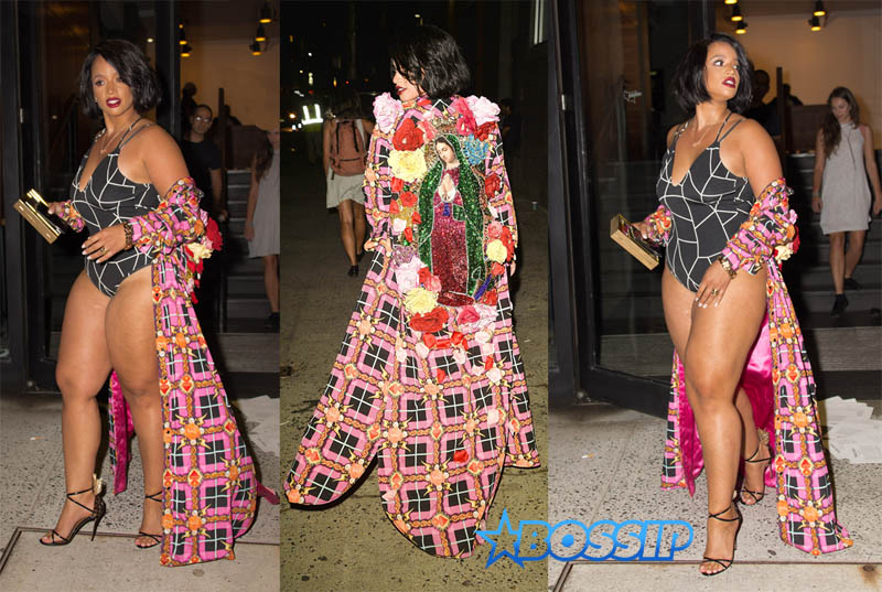 Dacha Polanco The Blonds New York Fashion Week black and white bodysuit multicolored robe AKM-GSI/SplashNews