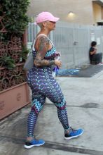 AKM-GSI Amber Rose Dancing With The Stars Season 23 One Piece workout dance rehearsals multi color curves hips funbags cakes thighs pink hat