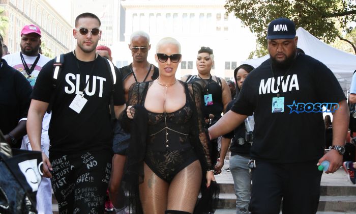 Amber Rose marches with her "F*ck Fame. Start Movements." sign at the Amber Rose Slutwalk in Los Angeles, CA Pictured: Amber Rose Ref: SPL1366531 011016 Picture by: London Entertainment/Splash News Splash News and Pictures Los Angeles:310-821-2666 New York:212-619-2666 London:870-934-2666 photodesk@splashnews.com 