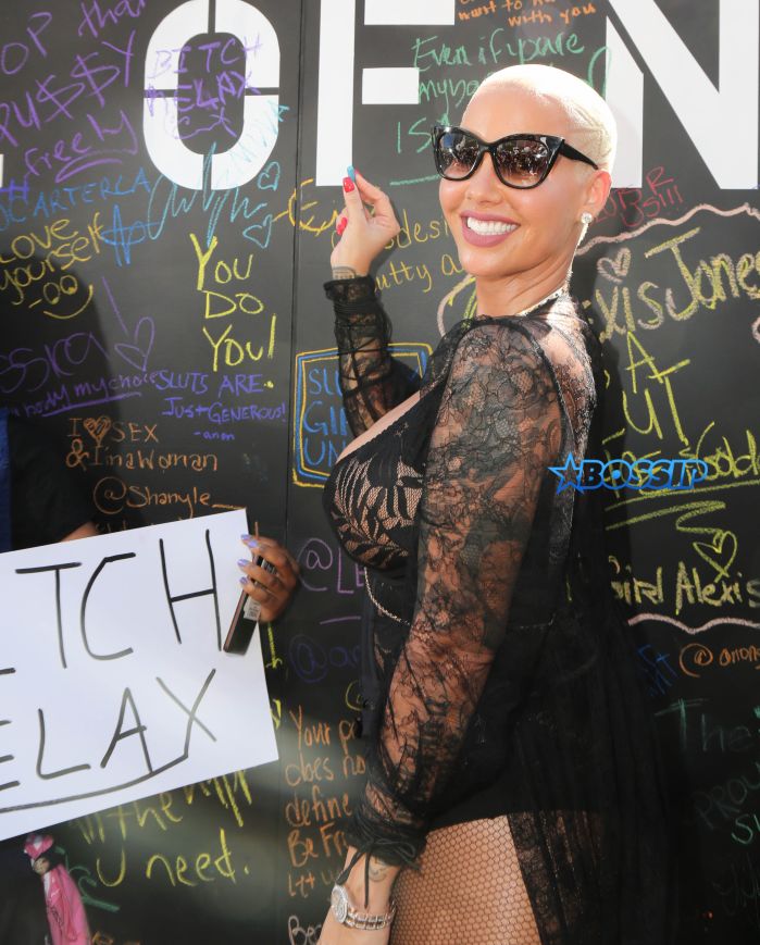 Amber Rose writes on the Wall of No Shame at the Amber Rose Slutwalk in Los Angeles, CA Pictured: Amber Rose Ref: SPL1366533 011016 Picture by: London Entertainment/Splash News Splash News and Pictures Los Angeles:310-821-2666 New York:212-619-2666 London:870-934-2666 photodesk@splashnews.com 