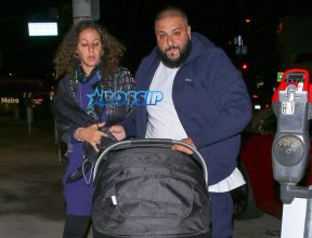 DJ Khaled fiancée Nicole Tuck newborn son Asahd Tuck Khaled to Catch LA in West Hollywood. The couple welcomed baby Asahd just under a month ago. blue track suit, stroller AKM-GSI