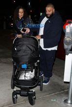 DJ Khaled fiancée Nicole Tuck newborn son Asahd Tuck Khaled to Catch LA in West Hollywood. The couple welcomed baby Asahd just under a month ago. blue track suit, stroller AKM-GSI
