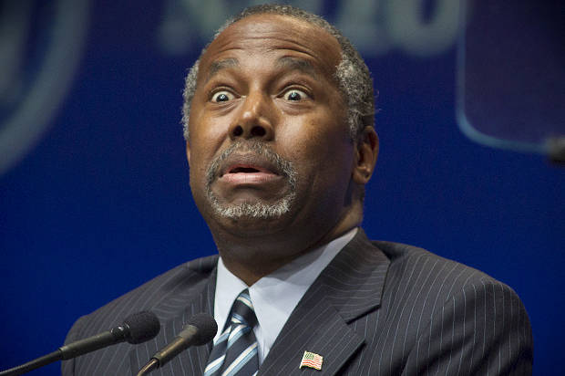 Republican presidential candidate Ben Carson makes a face during a speech at the National Association of Latino Elected and Appointed Officials (NALEO) convention in Las Vegas