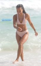 Chris Brown's ex Karrueche Tran pale pink bikini, Miami. SplashNews