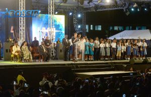 HRH Prince Harry visits the Golden Anniversary Spectacular Mega Concert at the Kensington Oval, on the Caribbean Island of Barbados, which celebrates its 50th anniversary of the Independence. Pictured here at the concert event is singer Rihanna, Prince Harry and the Prime Minister Mr Freundel Stuart. SplashNews
