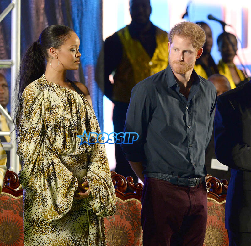 SplashNews HRH Prince Harry visits the Golden Anniversary Spectacular Mega Concert at the Kensington Oval, on the Caribbean Island of Barbados, which celebrates its 50th anniversary of the Independence. Pictured here at the concert event is singer Rihanna, Prince Harry and the Prime Minister Mr Freundel Stuart.