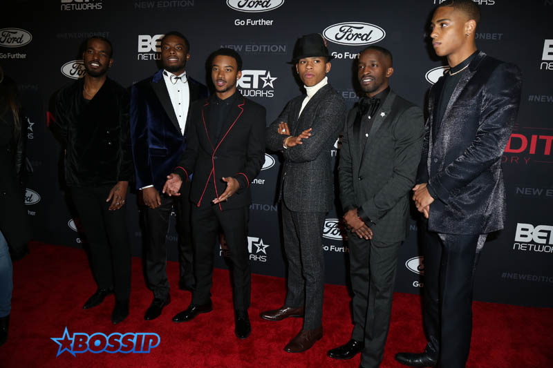 Luke James, Woody McClain, Algee Smith, Bryshere Y. Gray, Elijah Kelley, Keith Powers premiere of BET's 'The New Edition Story' held at Paramount Studios in Hollywood, California, USA. SplashNews