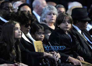 LOS ANGELES, CA - JULY 07: In this handout provided by Harrison Funk and Kevin Mazur, Paris Jackson, Katherine Jackson, Prince Michael Jackson II, Prince Michael Jackson, Joe Jackson attend Michael Jackson's Public Memorial Service held at Staples Center on July 7, 2009 in Los Angeles, California. (Photo by Harrison Funk/MJ Memorial via Getty Images)