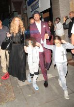 Mariah Carey Ex Husband Nick Cannon and their twin children for dinner at Mr. Chow Restaurant followed by frozen Yogurt at 'Pinkberry' in Beverly Hills, CA. Mariah wardrobe malfunction dress see-thru. Nick Maroon colored suit and a hat. SplashNews