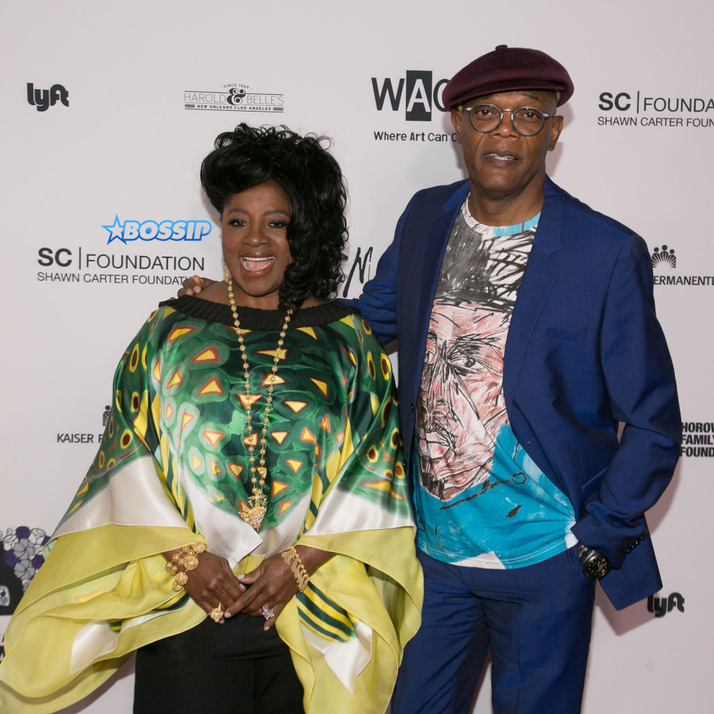 Samuel L. Jackson (R) arrives for the Wearable Art Gala at California African American Museum on April 29, 2017 in Los Angeles, California. (Photo by Gabriel Olsen/FilmMagic)