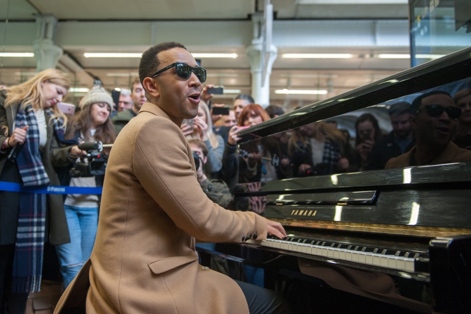 10x Grammy Award winner John Legend surprised visitors at St Pancras International with an impromptu performance on the Sir Elton John Piano as he stepped off the Eurostar to promote his upcoming European tour this morning (March 29th) WENN