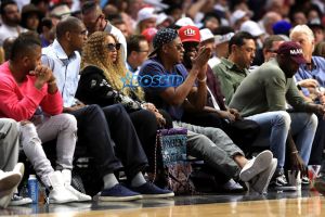 Beyonce and Jay Z attend Game Seven of the Western Conference Quarterfinals between the Los Angeles Clippers and the Utah Jazz at Staples Center at Staples Center on April 30, 2017 in Los Angeles, California. NOTE TO USER: User expressly acknowledges and agrees that, by downloading and or using this photograph, User is consenting to the terms and conditions of the Getty Images License Agreement. (Photo by Sean M. Haffey/Getty Images)
