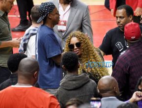 No ID Jay Z Beyonce greets songwriter/record producer Kenny "Babyface" Edmonds (L) and his son Dylan Michael Edmonds with Jay Z looking on after attend Game Seven of the Western Conference Quarterfinals between the Los Angeles Clippers and the Utah Jazz at Staples Center on April 30, 2017 in Los Angeles, California (Photo by Kevork Djansezian)