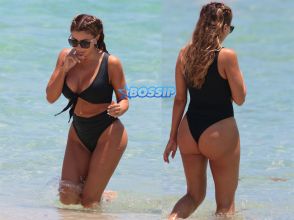Larsa Pippen Miami Beach Black Cutout Swimsuit Cakes wobbly abs SplashNews