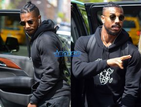 Michael B Jordan wears a black Lost Tribe hoodie in downtown Manhattan. SplashNews