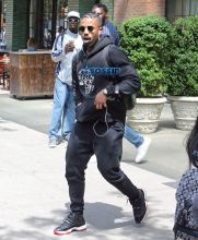 Michael B Jordan wears a black Lost Tribe hoodie in downtown Manhattan. SplashNews