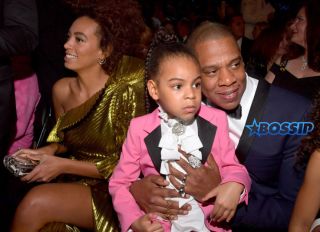 LOS ANGELES, CA - FEBRUARY 12: (L-R) Singer Solange Knowles, Blue Ivy Carter and Jay-Z during The 59th GRAMMY Awards at STAPLES Center on February 12, 2017 in Los Angeles, California. (Photo by Lester Cohen/Getty Images for NARAS)