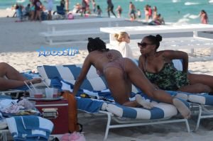 Christina Milian and Karrueche Tran spotted in bikinis at the beach in Miami Beach, Florida. Splash News