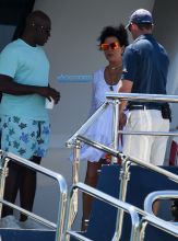 Kris Jenner Corey Gamble yacht in St Tropez port, CÙte d'Azur, Kris caught by the wind