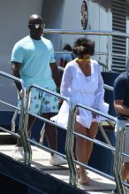 Kris Jenner Corey Gamble yacht in St Tropez port, CÙte d'Azur, Kris caught by the wind