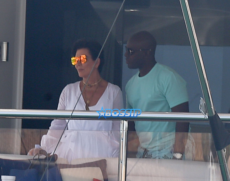 Kris Jenner Corey Gamble yacht in St Tropez port, CÙte d'Azur, Kris caught by the wind