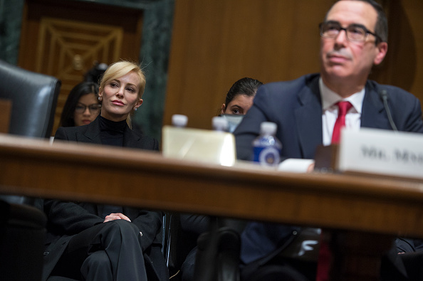UNITED STATES - JANUARY 19: Louise Linton, fiancée of Steven Mnuchin, right, President-elect Trump's nominee for Treasury secretary, attends his Senate Finance Committee confirmation hearing in Dirksen Building, January 19, 2017.