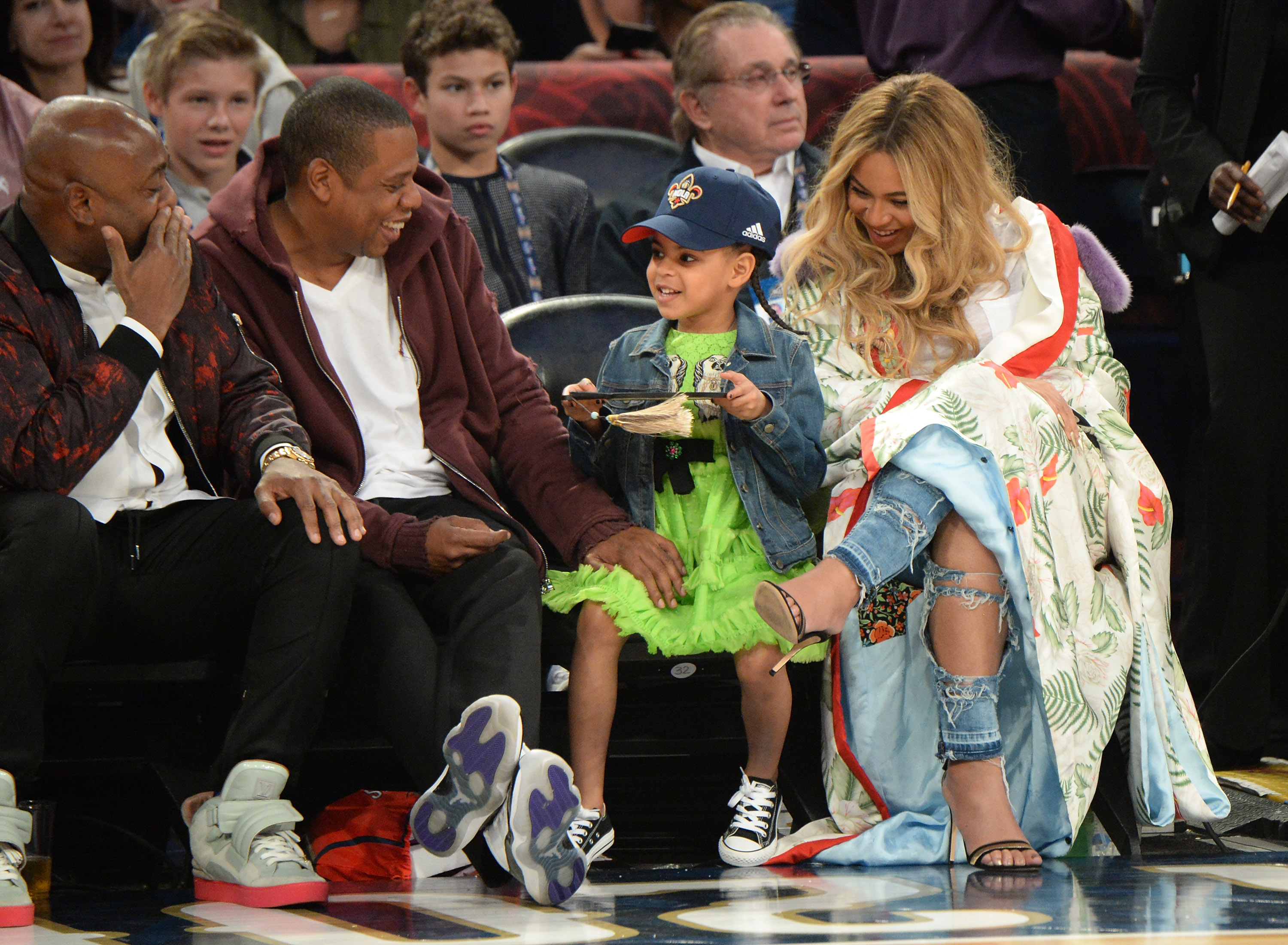 NEW ORLEANS, LA - FEBRUARY 19:  Jay Z, Blue Ivy Carter and Beyonce Knowles attend the 66th NBA All-Star Game at Smoothie King Center on February 19, 2017 in New Orleans, Louisiana. 