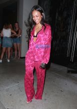 Karreuche Tran spotted wearing what appears to be silk pajamas and an exposed bra as she leaves Catch restaurant in Los Angeles, California, USA.