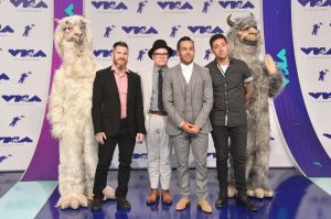 INGLEWOOD, CA - AUGUST 27: (L-R) Andy Hurley, Patrick Stump, Pete Wentz and Joe Trohman of Fall Out Boy attend the 2017 MTV Video Music Awards at The Forum on August 27, 2017 in Inglewood, California.