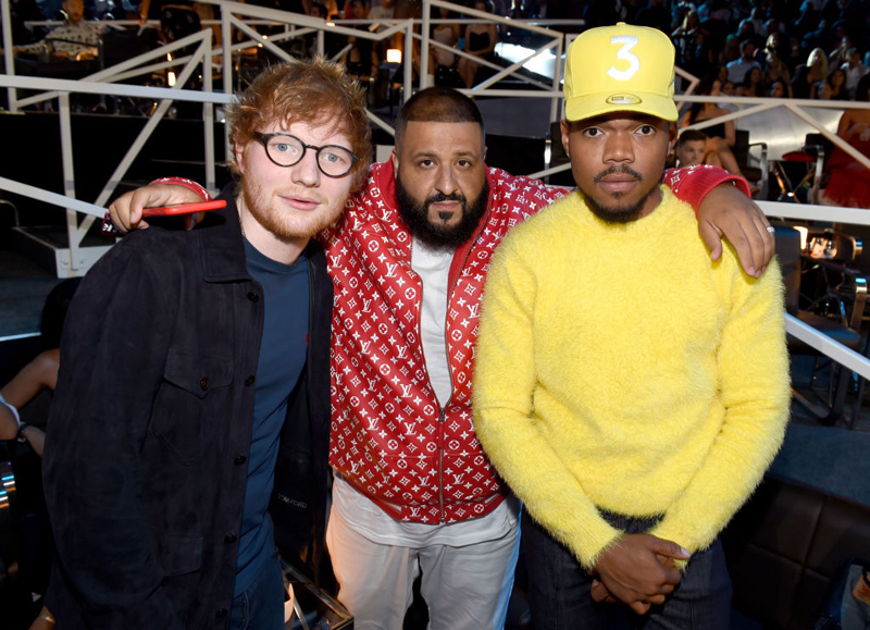 INGLEWOOD, CA - AUGUST 27:  (L-R) Ed Sheeran, DJ Khaled, and Chance The Rapper pose backstage during the 2017 MTV Video Music Awards at The Forum on August 27, 2017 in Inglewood, California.  