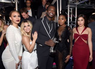 INGLEWOOD, CA - AUGUST 27: (L-R) Dinah Jane and Ally Brooke of Fifth Harmony, Gucci Mane, and Normani Kordei and Lauren Jauregui of Fifth Harmony pose backstage during the 2017 MTV Video Music Awards at The Forum on August 27, 2017 in Inglewood, California.