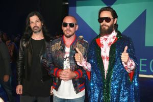 INGLEWOOD, CA - AUGUST 27: (L-R) Tomo Milicevic, Shannon Leto and Jared Leto of music group Thirty Seconds to Mars attend the 2017 MTV Video Music Awards at The Forum on August 27, 2017 in Inglewood, California.