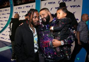 INGLEWOOD, CA - AUGUST 27: (L-R) Kendrick Lamar, DJ Khaled, and Asahd Tuck Khaled attend the 2017 MTV Video Music Awards at The Forum on August 27, 2017 in Inglewood, California.