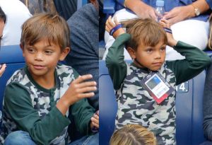 Tiger Woods and son Charlie Axel Woods watch the 2017 US Open Men's Championships at Arthur Ashe Stadium in Flushing, New York, USA.