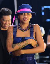 Model Slick Woods Backstage at Fenty x Puma Fashion Show