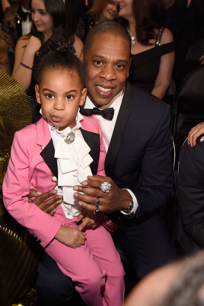 LOS ANGELES, CA - FEBRUARY 12: Blue Ivy Carter and Jay Z during The 59th GRAMMY Awards at STAPLES Center on February 12, 2017 in Los Angeles, California.