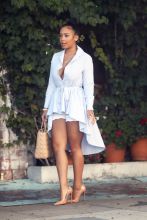 Tristan Thompson's baby mama and ex-girlfriend Jordan Craig leaves The Ivy with friends in West Hollywood. She was pregnant when he started dating Khloe Kardashian and their babies will actually be half siblings.