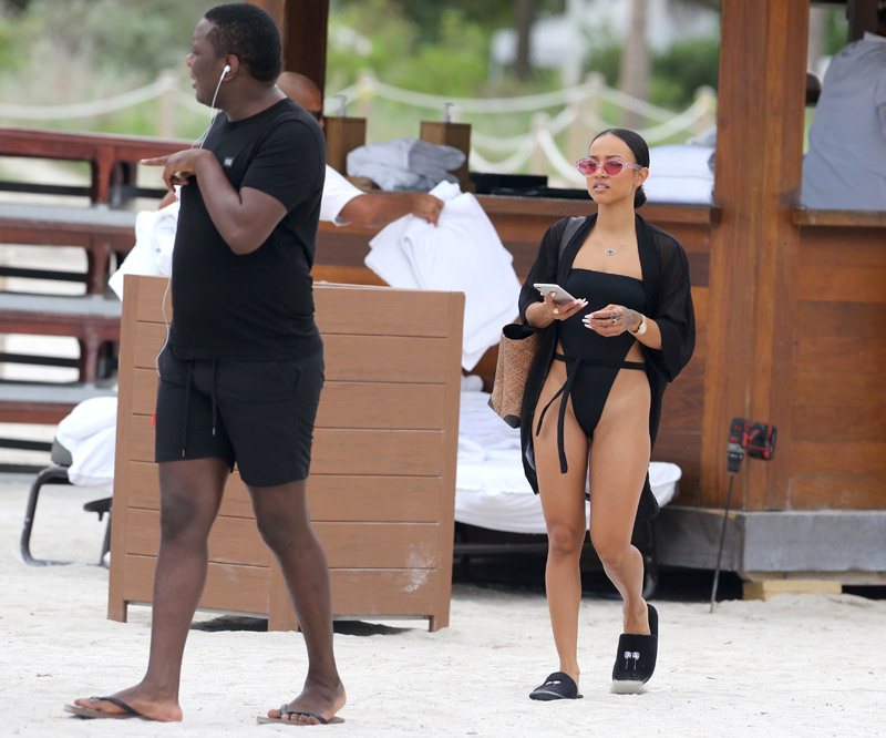 Karrueche Tran black bikini beach day with friends in Miami day after hosting the TV wedding from Gucci Mane and Keyshia Ka'Oir