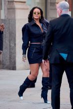 Singer Rihanna steps out wearing a blue Tom Ford outfit after visiting the gym earlier in the day in New York City, NY.