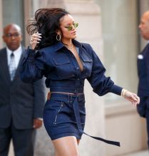 Singer Rihanna steps out wearing a blue Tom Ford outfit after visiting the gym earlier in the day in New York City, NY.