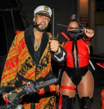 French Montana and La La Anthony pose while arriving at La La Anthony's Halloween party at TAO in New York City, New York.