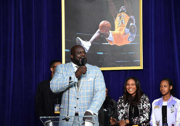 LOS ANGELES, CA - MARCH 24: Former Los Angeles Lakers player Shaquille O'Neal speaks after unveiling of his statue while his children look on at Staples Center March 24, 2017, in Los Angeles, California. NOTE TO USER: User expressly acknowledges and agrees that, by downloading and or using this photograph, User is consenting to the terms and conditions of the Getty Images License Agreement.