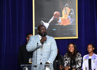 LOS ANGELES, CA - MARCH 24: Former Los Angeles Lakers player Shaquille O'Neal speaks after unveiling of his statue while his children look on at Staples Center March 24, 2017, in Los Angeles, California. NOTE TO USER: User expressly acknowledges and agrees that, by downloading and or using this photograph, User is consenting to the terms and conditions of the Getty Images License Agreement.